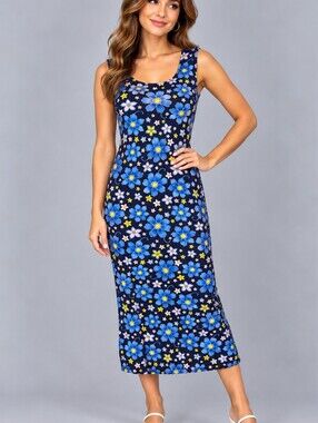 AWESOME WEAR Blue Daisy Floral Sleeveless Tie Back Slits Lightweight Midi Dress